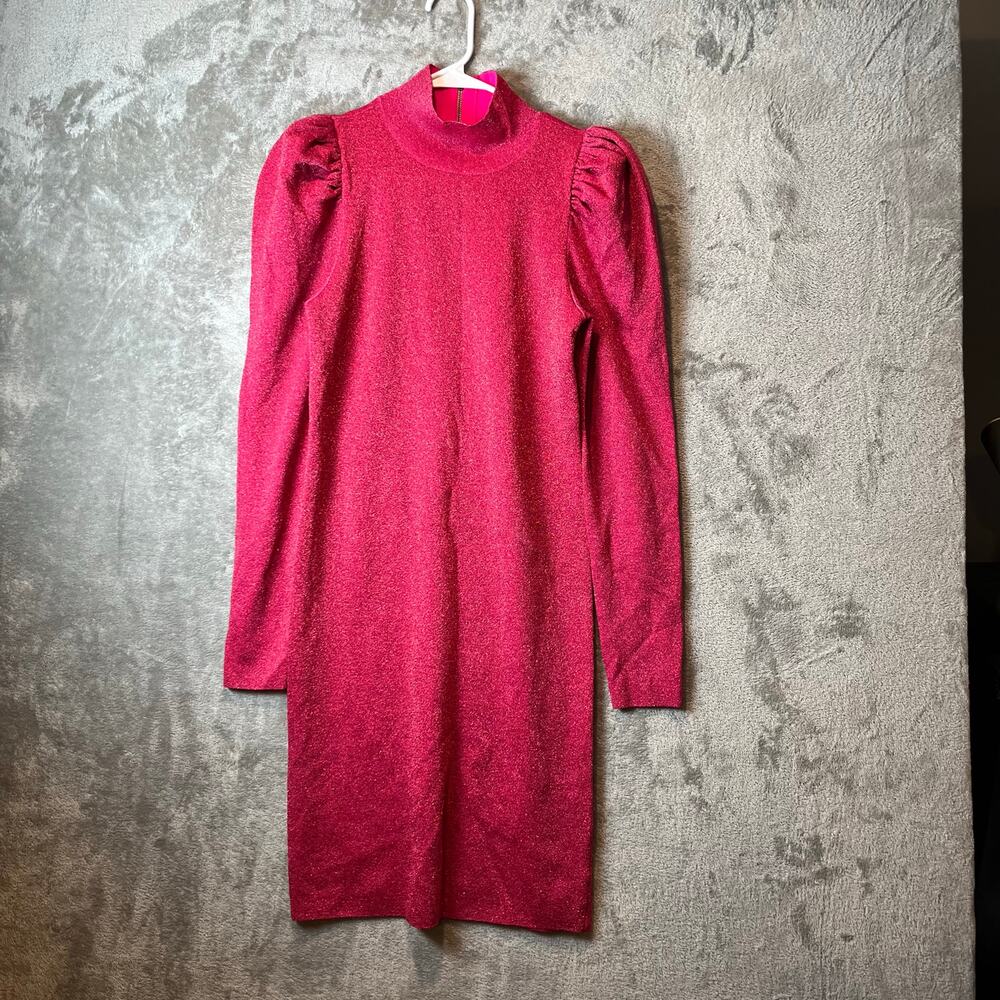 Alice + Olivia Issa Turtleneck Puff Sleeve Dress Pink Glitter LG Wool Blend New